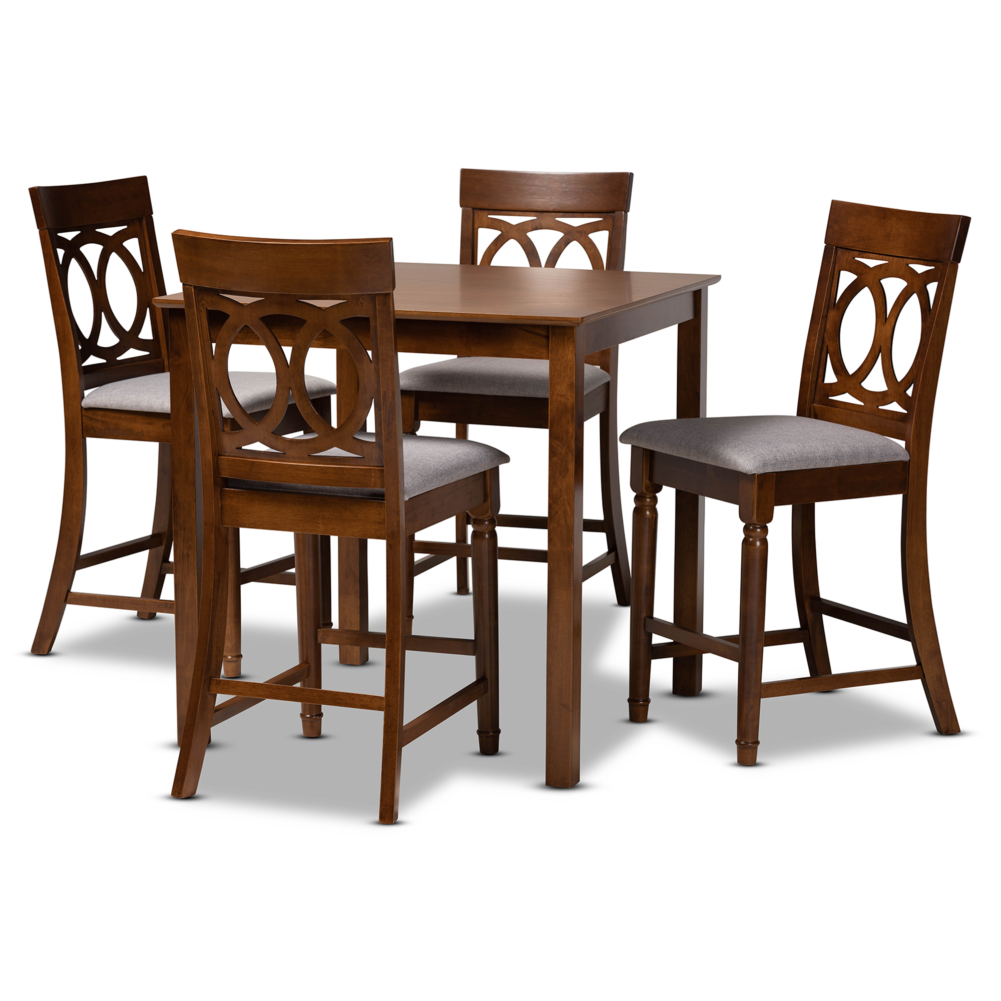 Baxton Studio Verina Modern and Contemporary Grey Fabric Upholstered Walnut Brown Finished 5-Piece Wood Pub Set